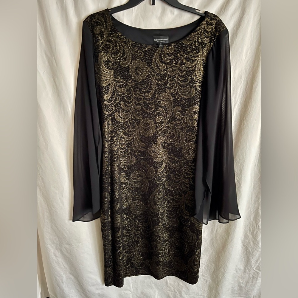 Dressy! Connected Apparel black & gold sheath dress with chiffon sleeves, NWOT